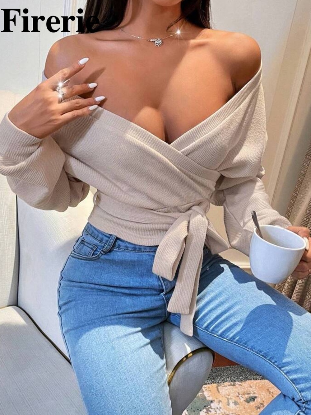 SHEIN Beige Wrap V-Neck Ribbed Tie Waist Sweater